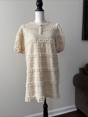 Anthropologie Cream Textured Ruffle Knit Dress